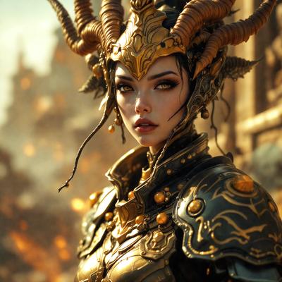 The primary subject of the image is a woman wearing a gold and black costume, which includes a horned headpiece. She is standing in front of a backdrop of fire, giving the scene a dramatic and intense atmosphere. The visual style of the image is digital art, as it appears to be a digital illustration or drawing. The colors in the image are predominantly gold and black, which contribute to the overall mood of the scene.
